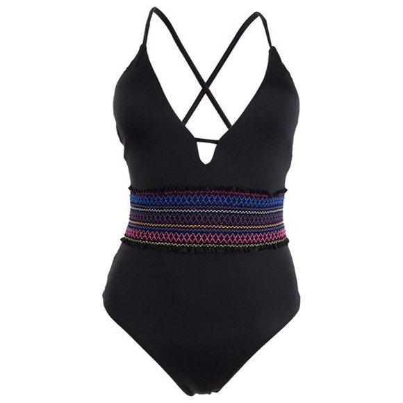 NWOT Bar III S Smocked Black Deep V 1PC Swimsuit 130804 - Picture 2 of 5